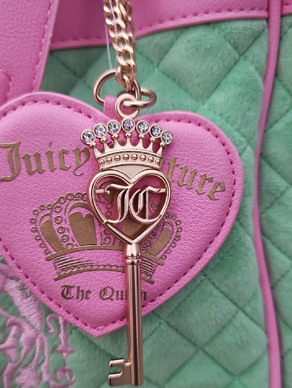 Juicy Couture Pink and Green Quilted Tote with Charm - Picture 3 of 7